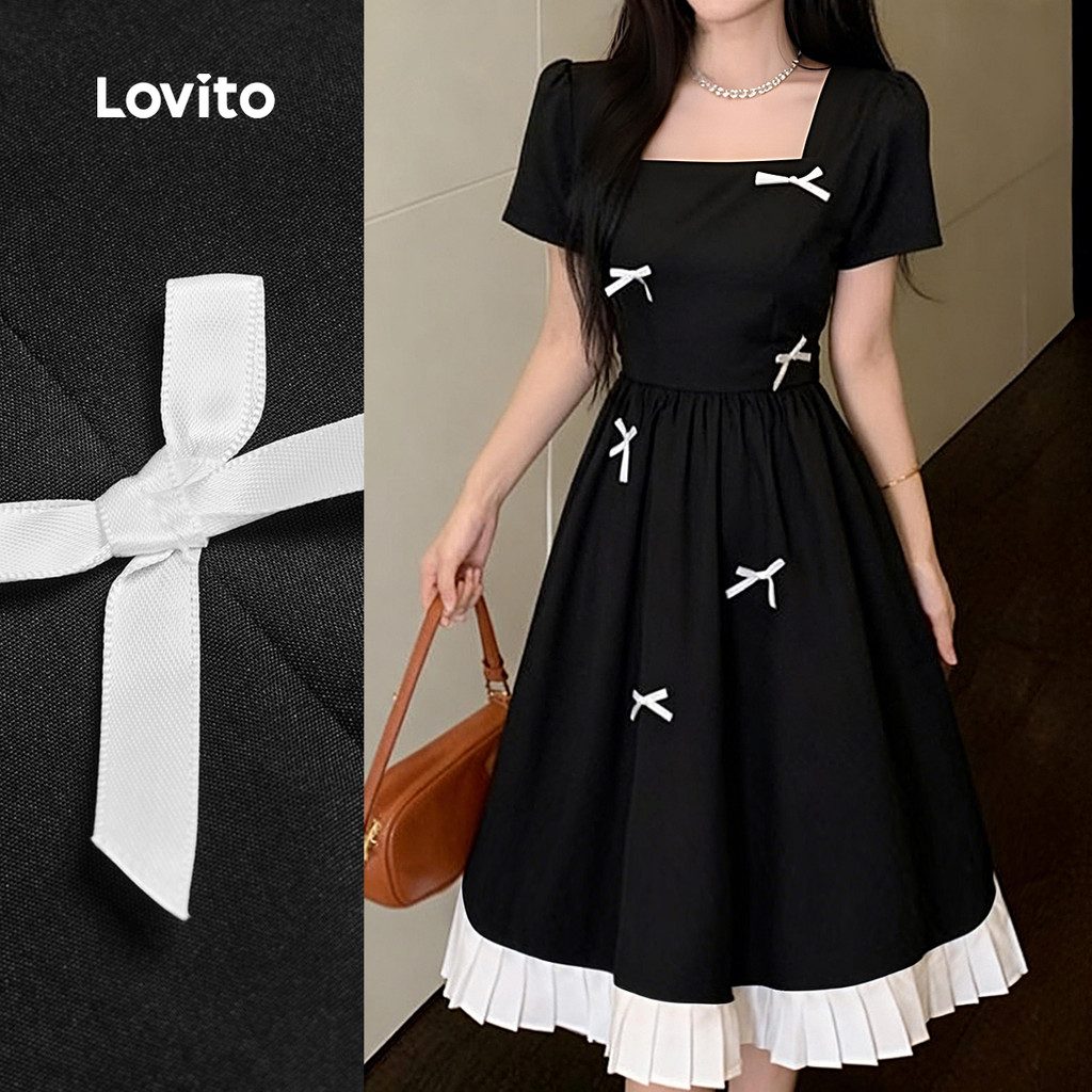 Lovito  Vestido Fofo Plissado com Laço Colorido Primavera/verão Preto e Branco para Mulheres. L173AD231 em Oferta na Shopee
