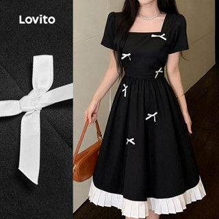 Lovito  Vestido Fofo Plissado com Laço Colorido Primavera/verão Preto e Branco para Mulheres. L173AD231 em Oferta na Shopee