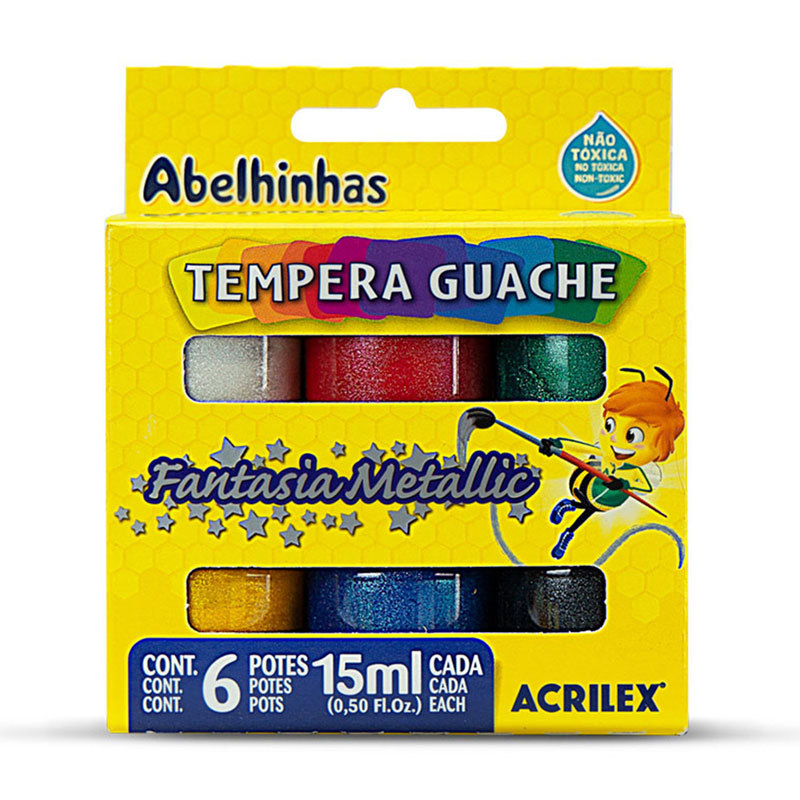 Tinta guache Fantasia Metallic 6 cores 15ml 02002 Acrilex em Oferta na Shopee
