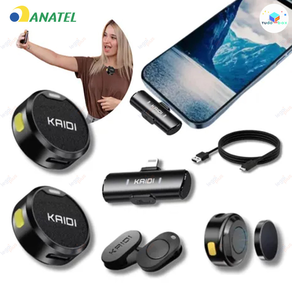 Microfone Lapela Sem Fio Duplo Kaidi Profissional: Cancelamento de Ruído, Imã Forte e Conexão USB-C/iPhone para Celular
