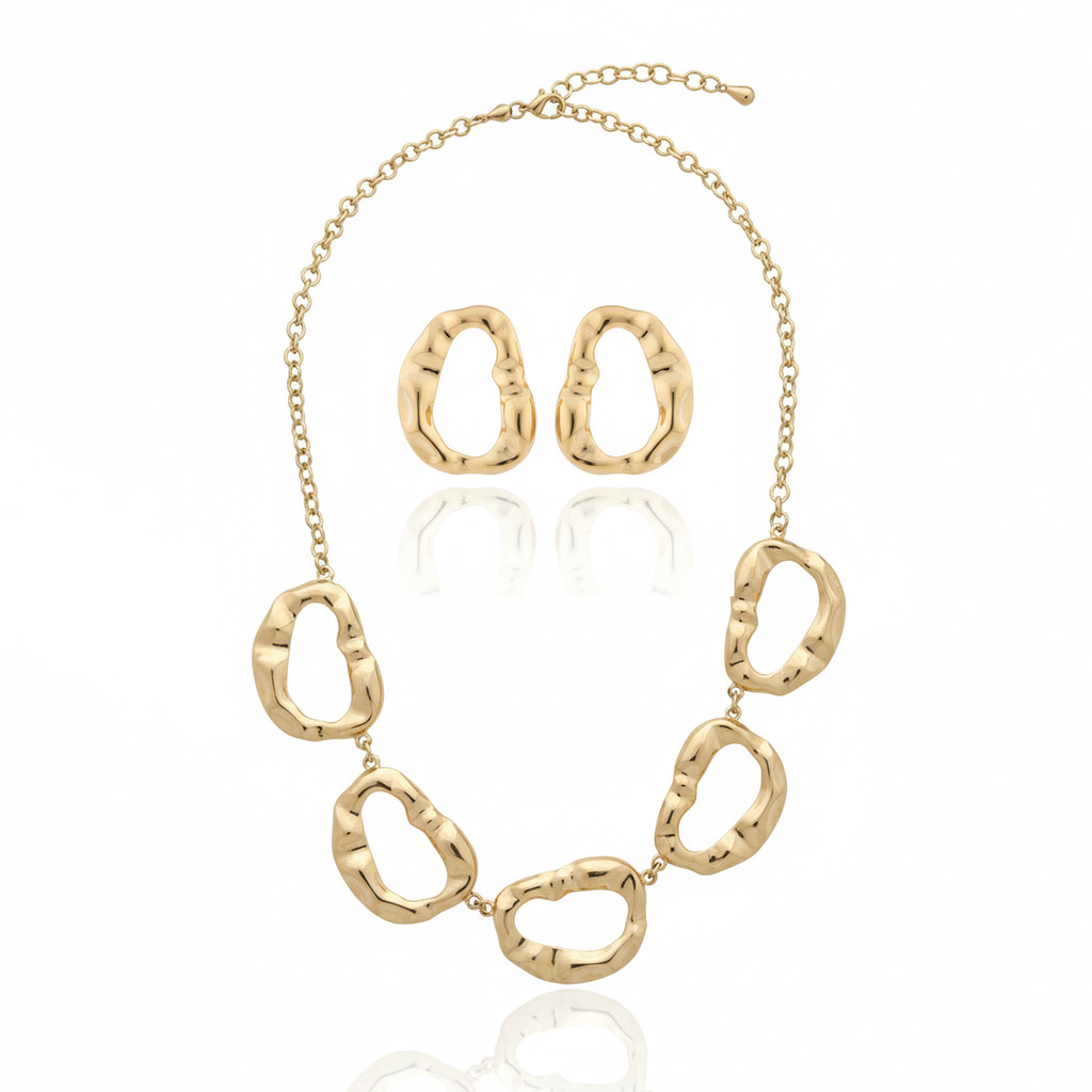 Conjunto de Colar e Brincos em Formato Orgânico Segmentado | Feminino | Banhado Ouro 18K | Antialérgico | Semijoia