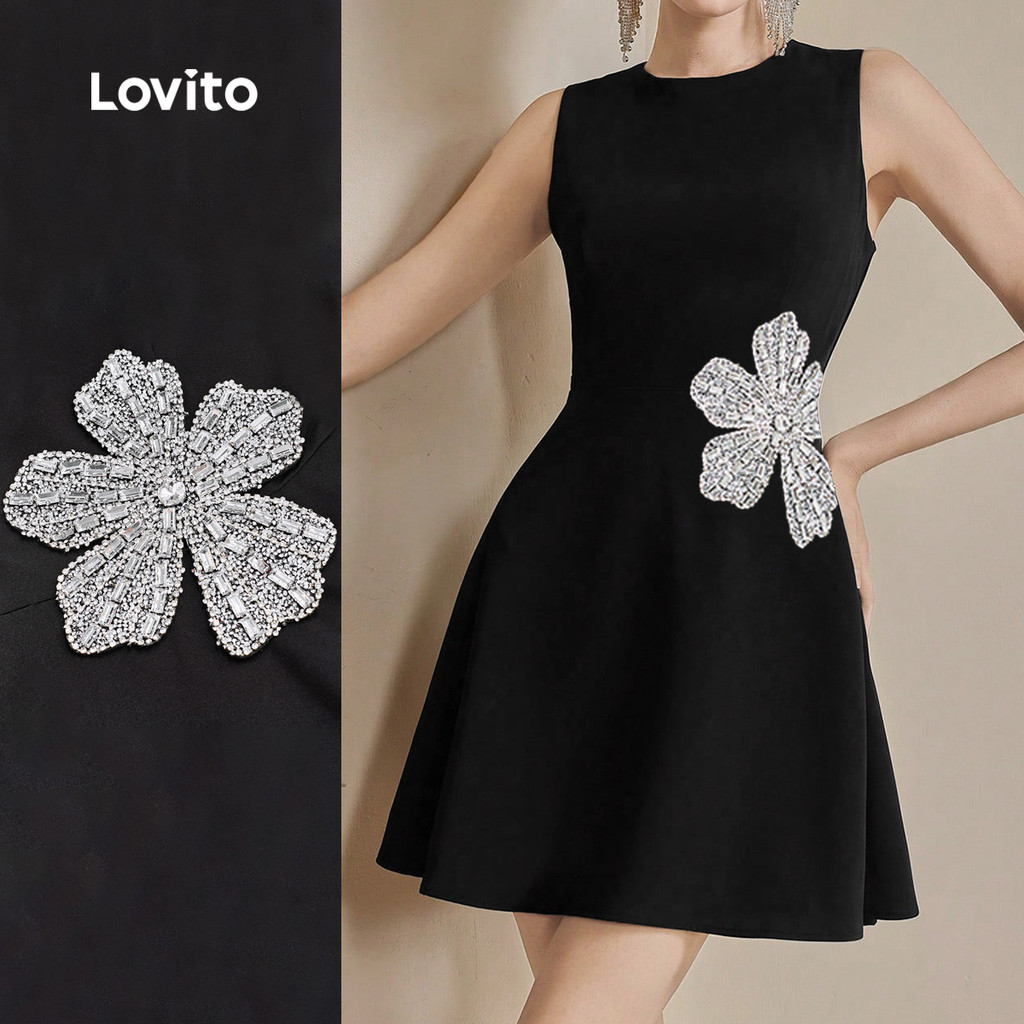 Lovito Vestido Elegante com Cristais de Strass Vestido Preto Primavera/verão para Mulheres L164ED431 em Oferta na Shopee
