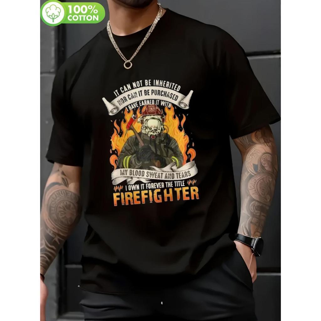 T-shirt de homenagem ao bombeiro masculino - Algodão, T-shirt preta de gola redonda com estampa inspiradora de bombeiro,
