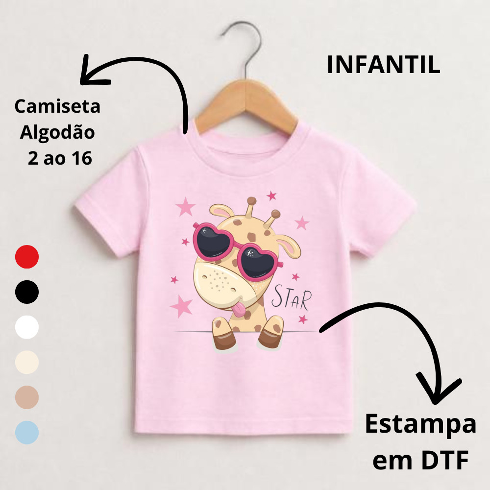 Camiseta Infantil Menina Estampada Girafa de óculos Criança Algodão Varias Cores 2 ao 16