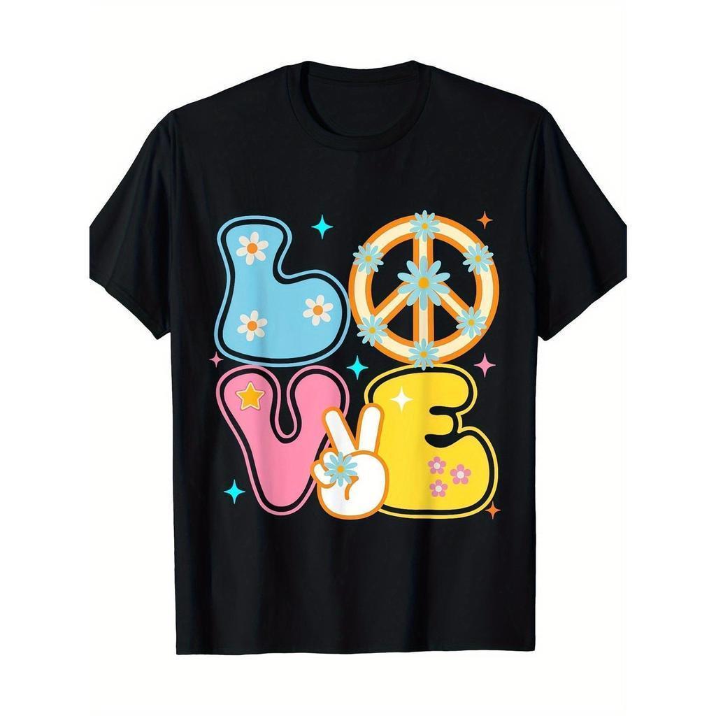 Camiseta Peace Sign Love - Estilo Vintage Anos 60 e 70 Hippie com Símbolo da Paz, Detalhes Florais - Camiseta Preta de 2