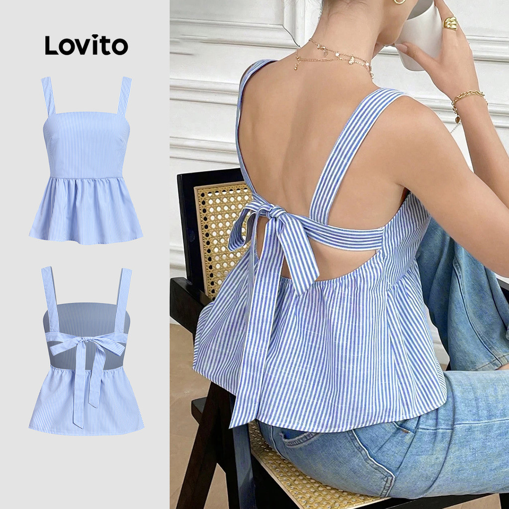 Lovito Top Casual com Laço Nas Costas para a Primavera/verão Azul para mulheres L164LD126 em Oferta na Shopee