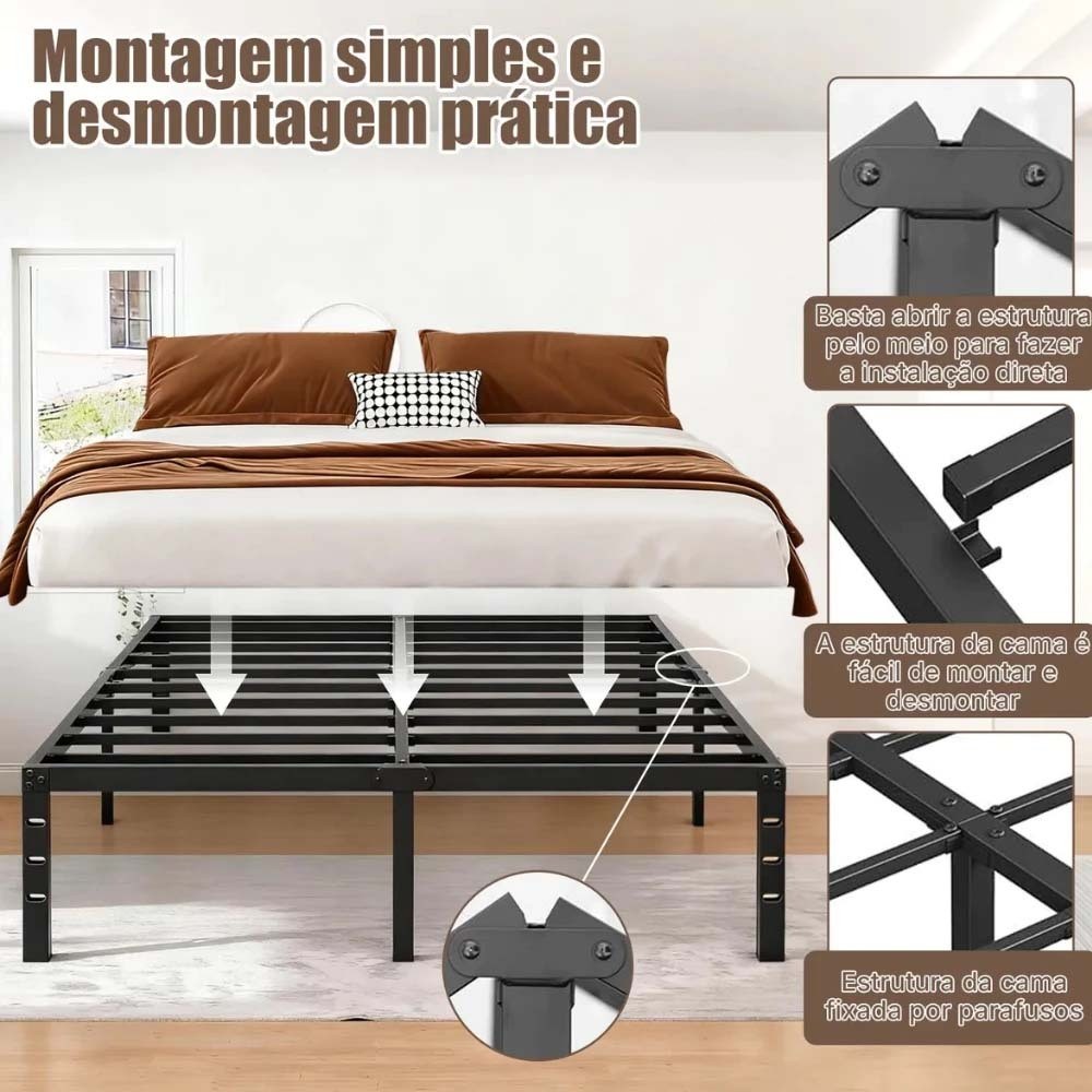 Cama de Solteiro/Cama De Casal Estrado de Metal Dobrável, Fácil de Montagem, Ripas de Aço Antiderrapante