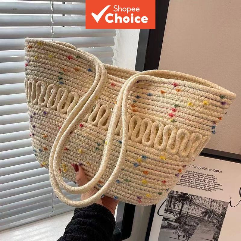 Bolsa Tote de Palha Colorida com Pontos: Cesto de Palha Grande Versátil, Bolsa Tiracolo de Moda Feminina para Praia