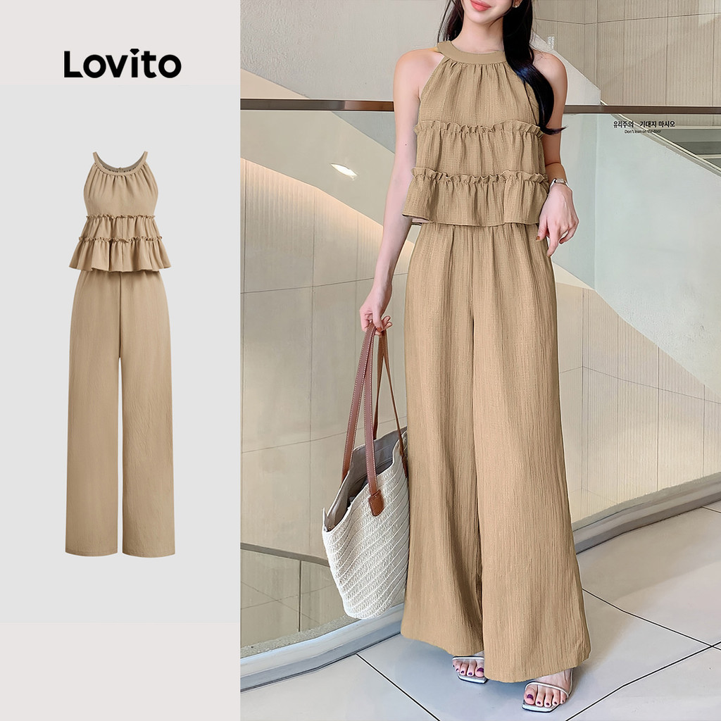 Lovito Macacão Casual com Babado Camadas Franzidas em Tons Cáqui para Primavera/verão para mulheres L138ED528 em Oferta na Shopee