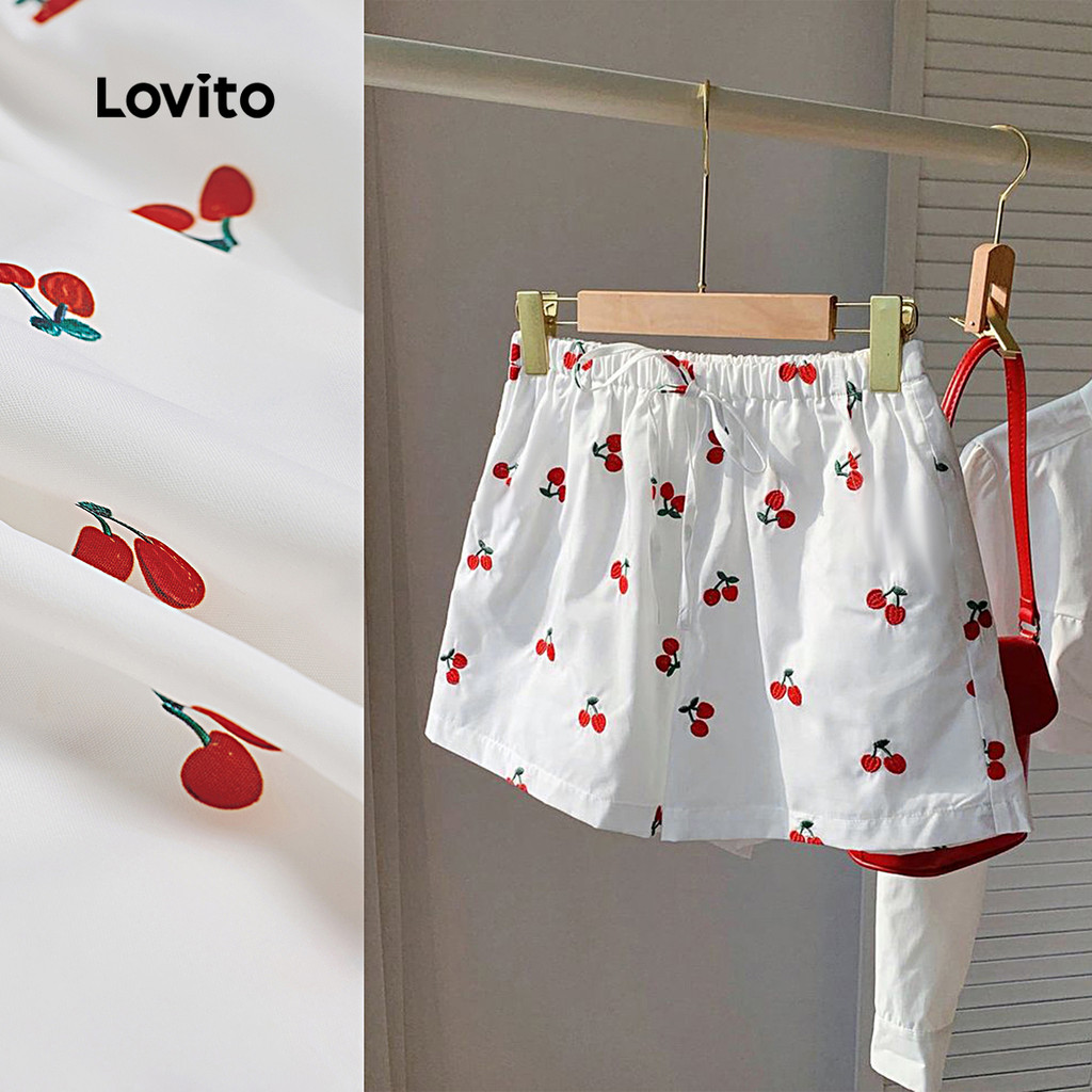 Lovito Shorts Fofos com Laços, Frutas, Primavera/verão, Shorts Off-white para mulheres LB136LD113 em Oferta na Shopee