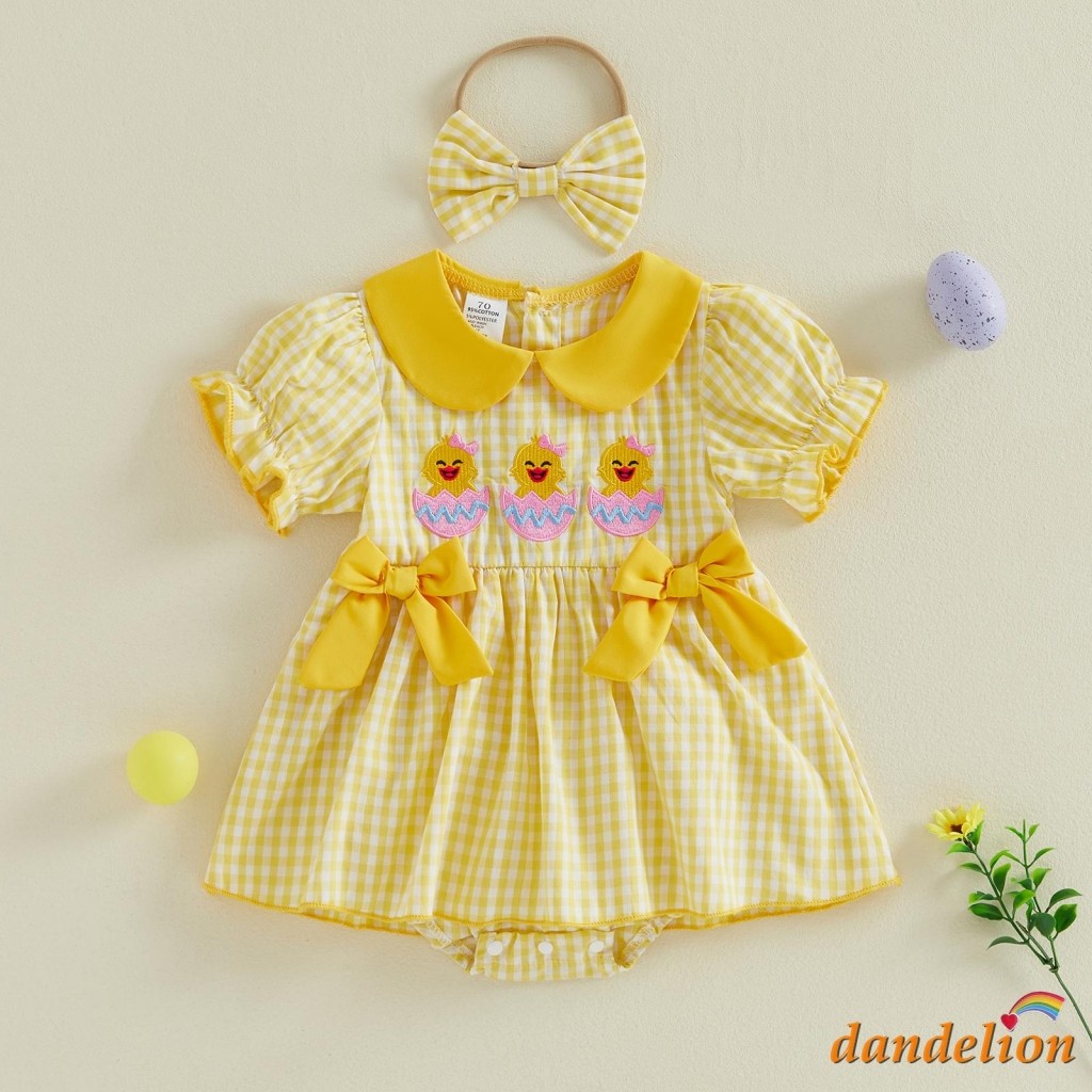 Bebê Infantil Menina Roupa De Páscoa Puff Manga Curta Gola Boneca Pintainho Bordado Xadrez Impressão Macacão Vestido E A