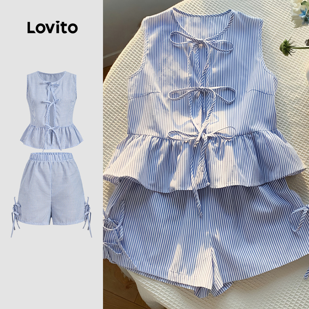 Lovito Tops ou Bottoms Casuais Arco Primavera/verão Terno Azul para Mulheres LK2AD464