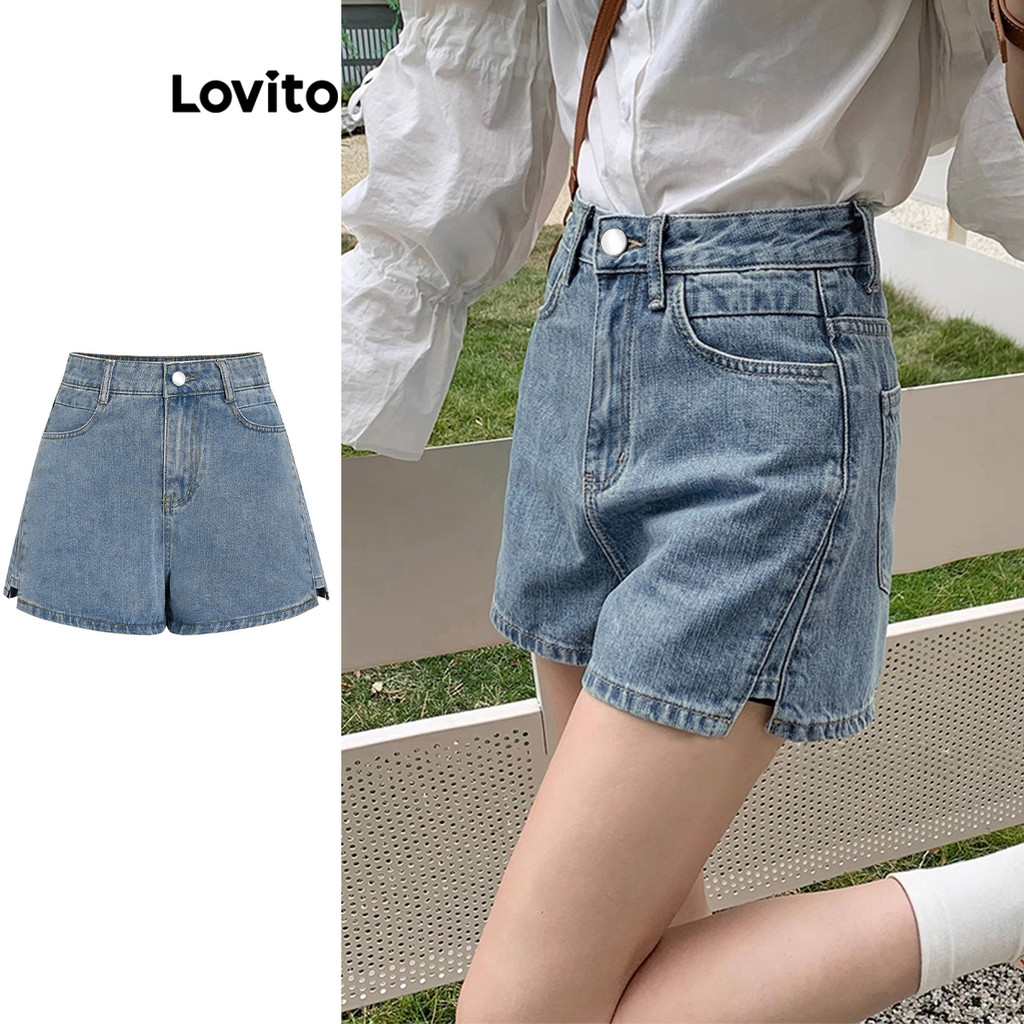 Lovito Shorts Jeans Casual Com Bolso Dividido E Liso Para Mulheres L68ed114 (multicolorido) em Oferta na Shopee