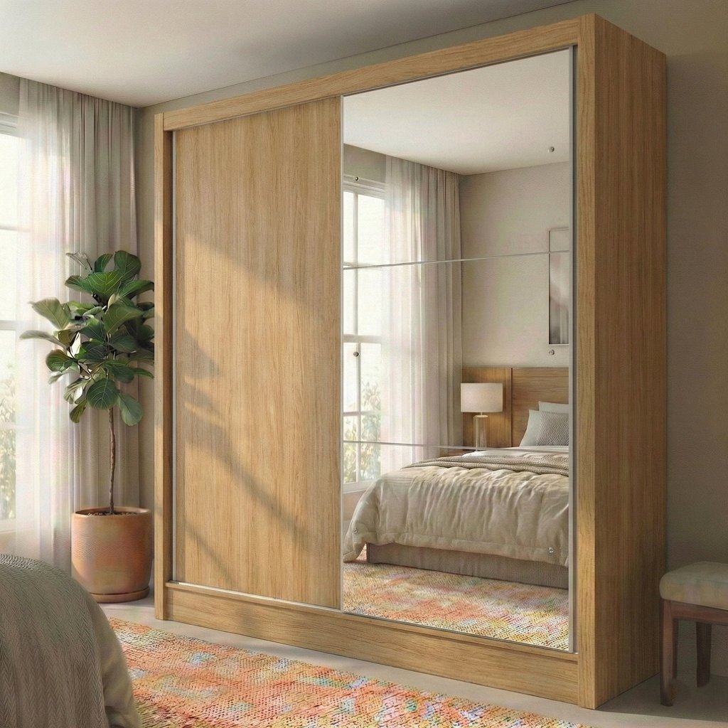 Guarda-roupa Solteiro 2 Portas de Correr 2 Gavetas e Espelho Peônia Yescasa Amêndola Touch em Oferta na Shopee