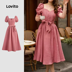 Lovito Elegante Dress Rosa Com Amarração Nas Costas Primavera/verão Vestido Para Mulheres Bordado L150ED095