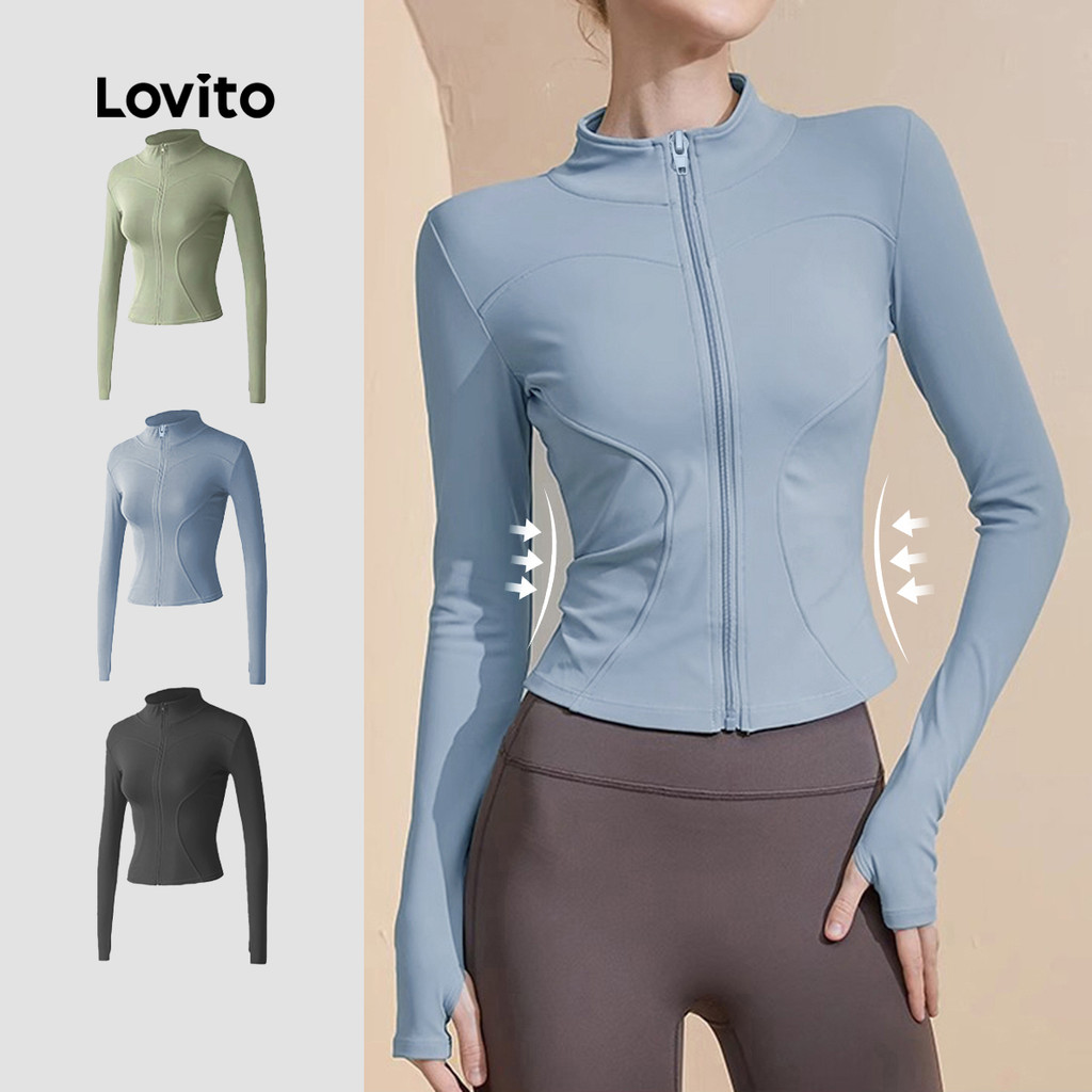 Lovito Jaqueta Esportiva Suave na Pele Elástica 4 Way Top Yoga Ajustada Seca Rápida LNA124047 em Oferta na Shopee