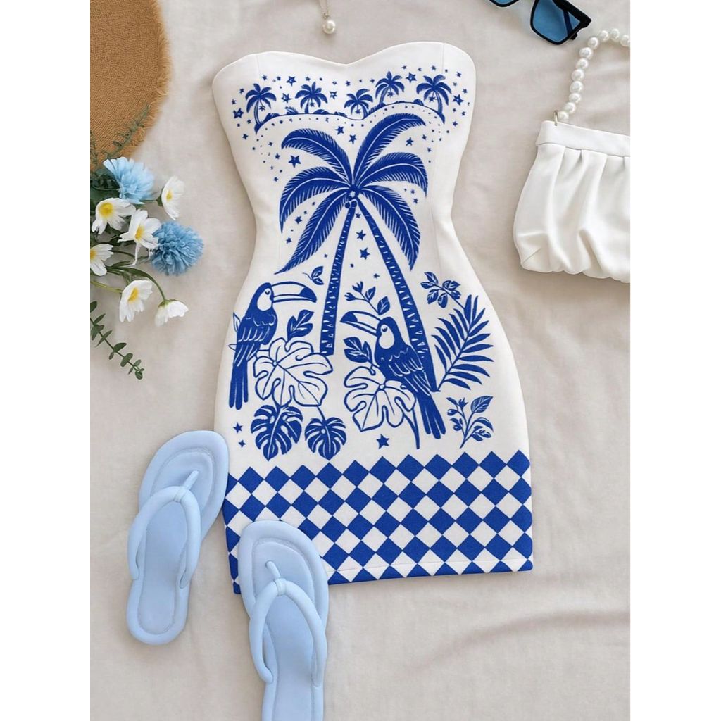 Vestido Ajustado Estampa Tucanos e Palmeiras Estilo Praia Primavera e Verão Férias Copa Do Mundo 2026