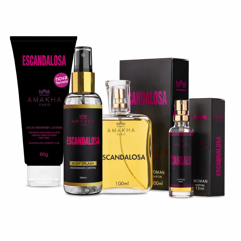 Kit Premium Perfume Feminino Escandalosa 100ml + 15ml + Hidratante + Body Splash – Doce Marcante em Oferta na Shopee