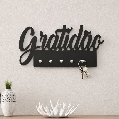 Porta Chaves Palavra Gratidão Decorativo Com Ganchos Mdf 3mm