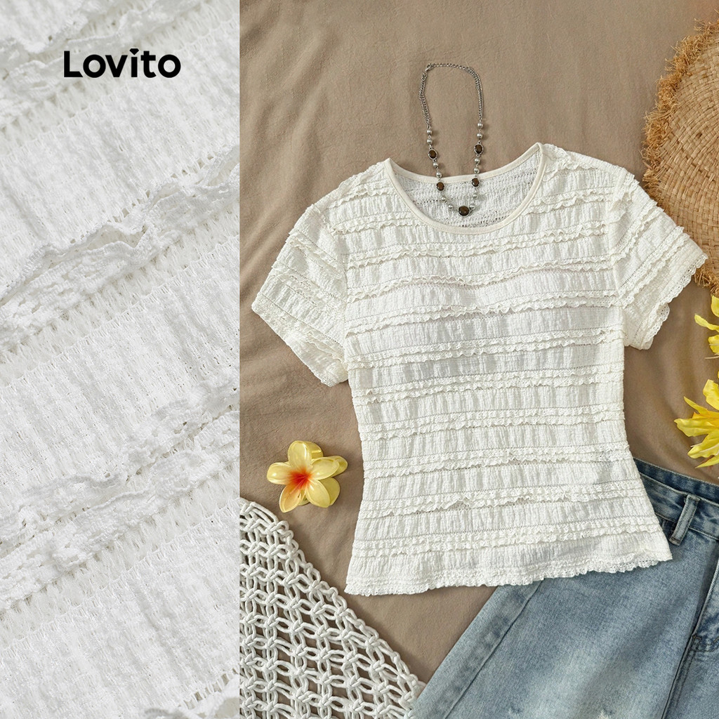 Lovito  Camiseta Casual Babado Primavera/verão Branca para Mulheres L178LD088 em Oferta na Shopee