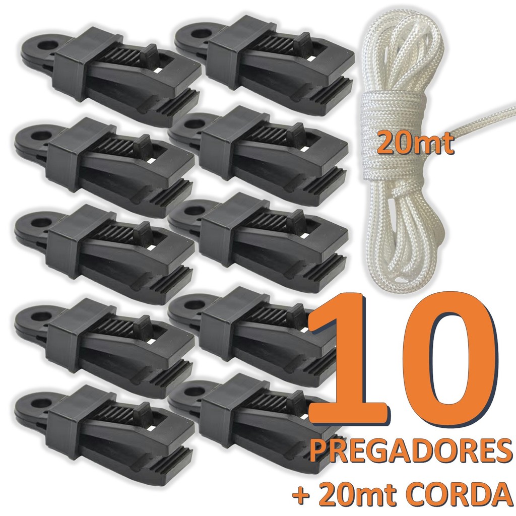 Kit 10 Clipes Prendedor de Lona Toldo Barraca p/ Fixação Rápida Tipo Garra Jacaré + 20mt de Cordinha