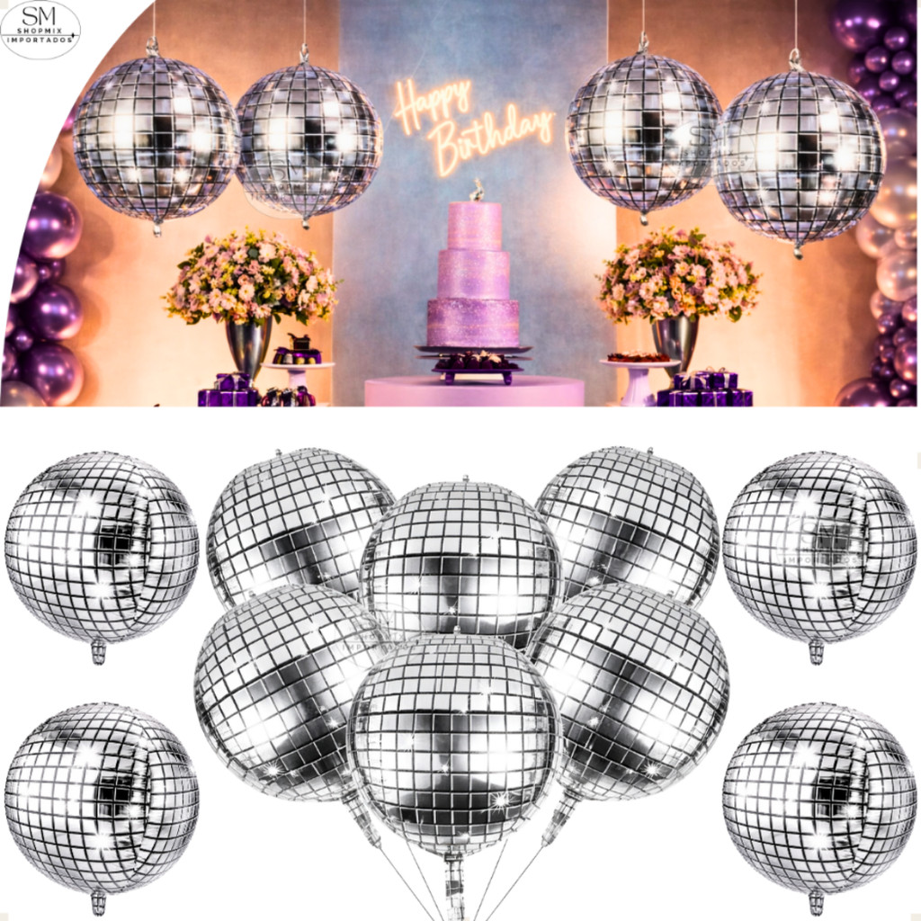 Kit 2, 5, 10 ou 20 Balao Metalizado Espelhado Discoteca Globo 4D Orbz Balada Festa Decoração Grande em Oferta na Shopee