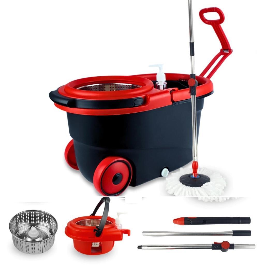 Mop Esfregao Profissional Balde Inox 13 Litros Centrifuga Giratoria Cabo Retratil Com Rodas