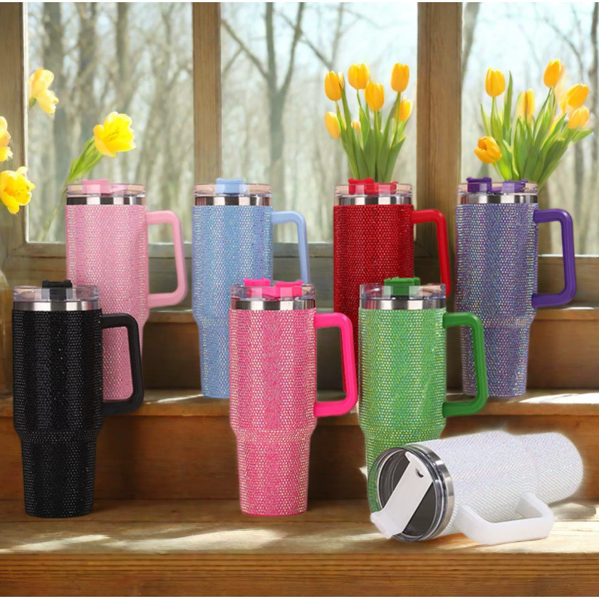 Copo Térmico 1200ml de Aço Inoxidável Strass Brilhante Com Tampa e Canudo