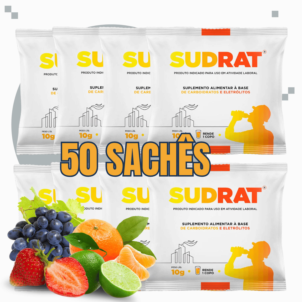 50 Sachês Repositor Energético Isotônico Hidroeletrolítico Em Pó Sudrat 10g Cada Sabores Hidratação