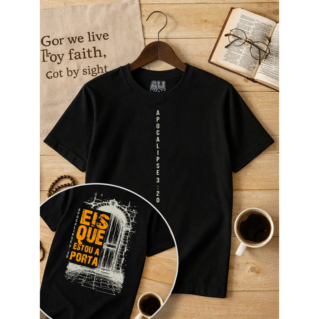 Camiseta Gospel Infantil Roupa Cristã Algodão Confortável Frase Eis que Estou à Porta