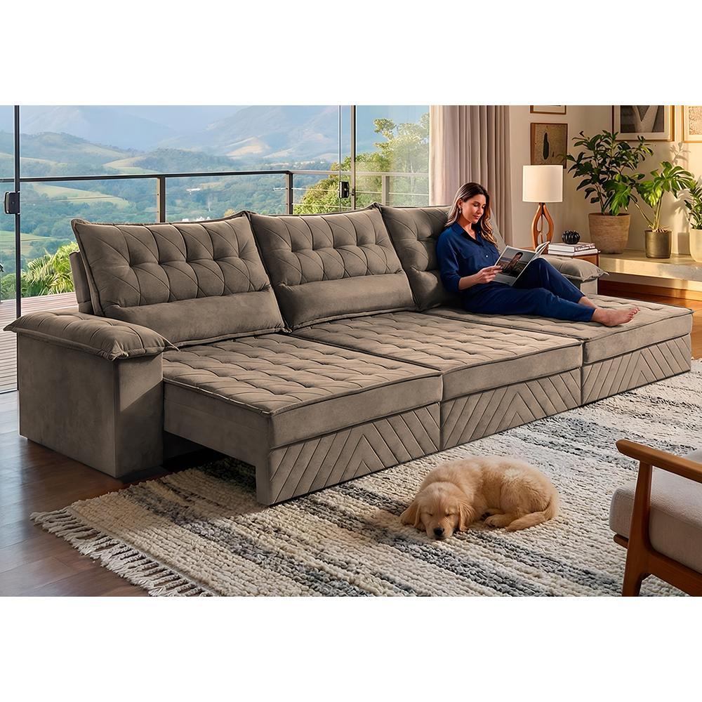 Sofá Retrátil e Reclinável 3,60m com Molas e Espuma D33 Thunder. Velusoft Cama inBox