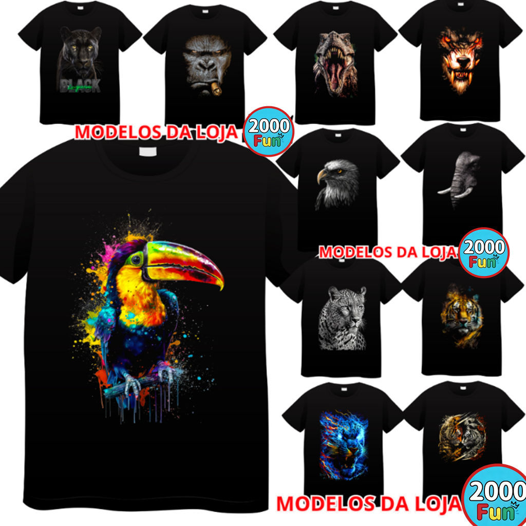 Camiseta Estampa Animais 100% Algodão Preta Adulto Unissex(onça, Tigre, Tucano, Gorila, Dinossauro, Elefante, Gavião)