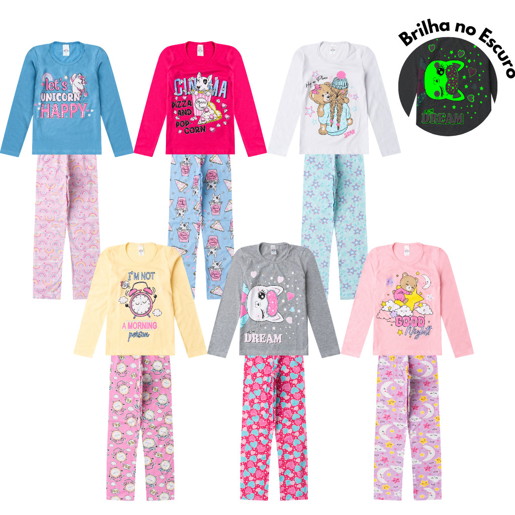 Kit 4 Conjuntos Pijama Longo Algodão Juvenil MENINA 10 ao 14 Brilha no Escuro