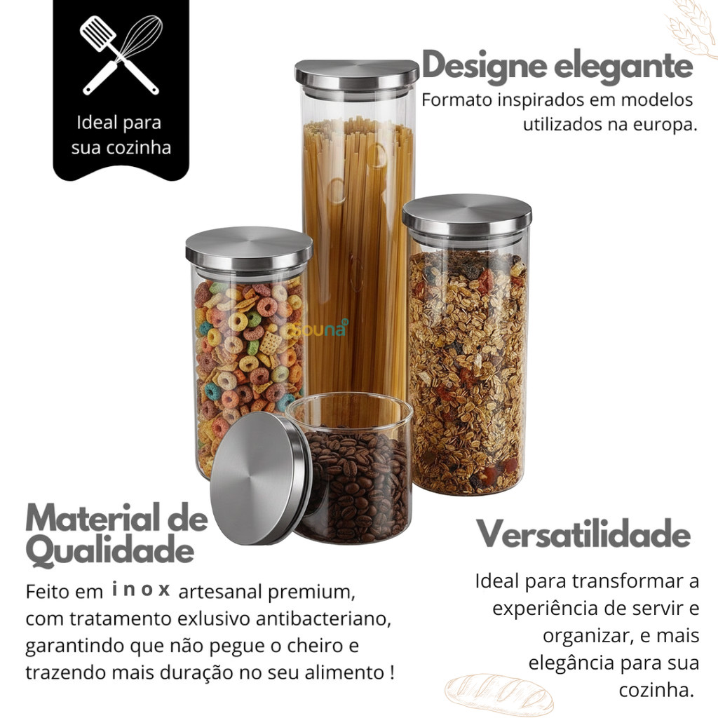 Porta Mantimento De Vidro Herméticos Kit Com 4 Potes Tampa De Inox · foto 2