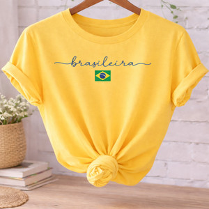 Camiseta Feminina Brasileira Amarela Estampa Brasil T-Shirt 100% Algodão Casual Copa Seleção