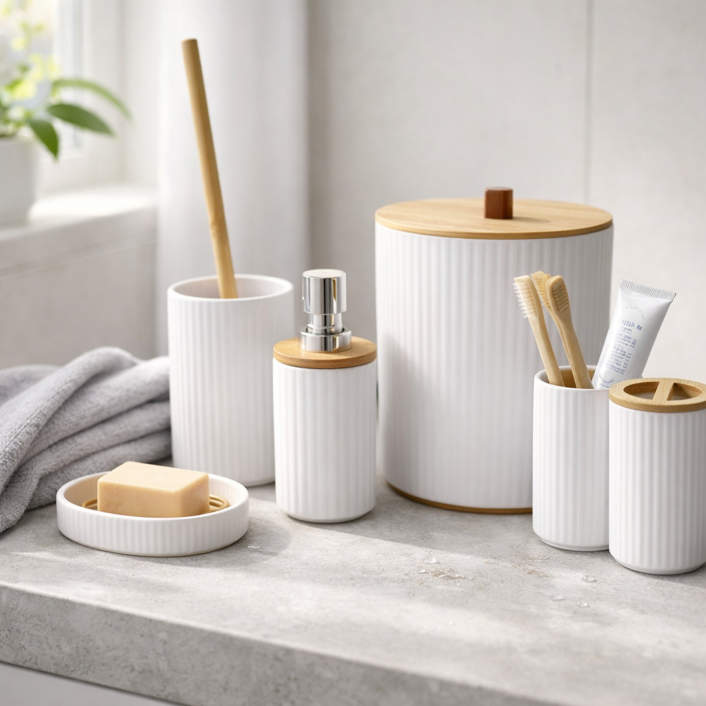 Kit Banheiro Lavabo 6 Pçs Bambu Branco Jogo Completo Lixeira Porta Sabonete Escova Organizador Premium em Oferta na Shopee