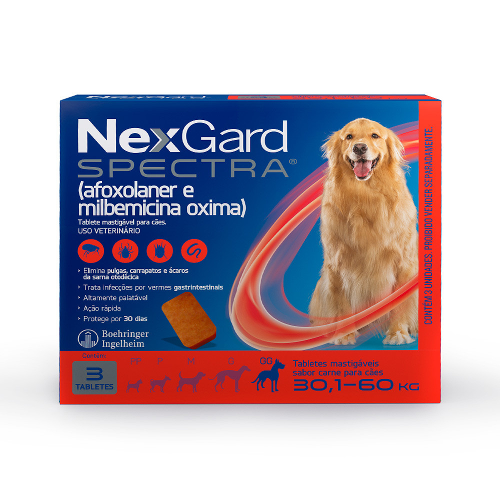 NexGard Spectra para Cães de 30,1 a 60kg Antipulgas e Carrapatos  3 Tabletes Mastigáveis Sabor Carne