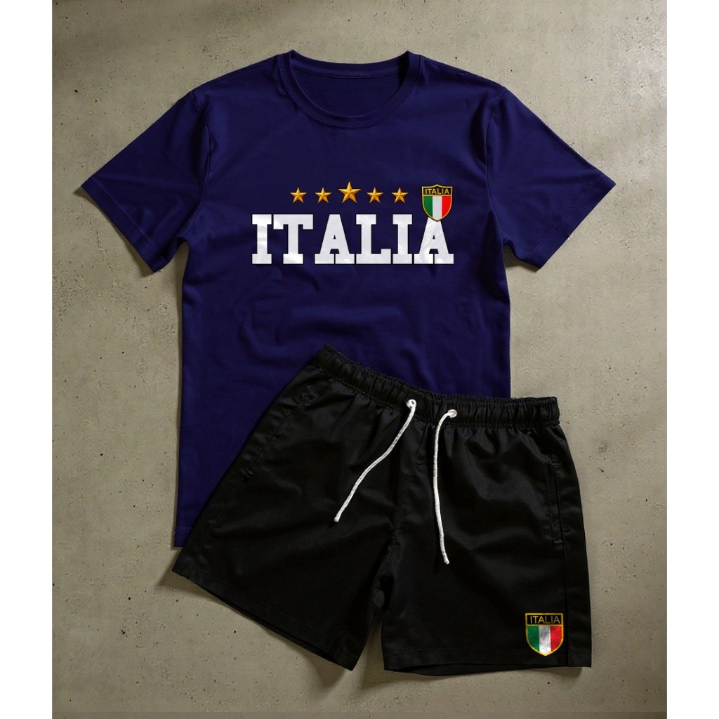 Conjunto Masculino Kit 5 Estrelas Italia Camiseta e Bermuda Plus Size Futebol Street