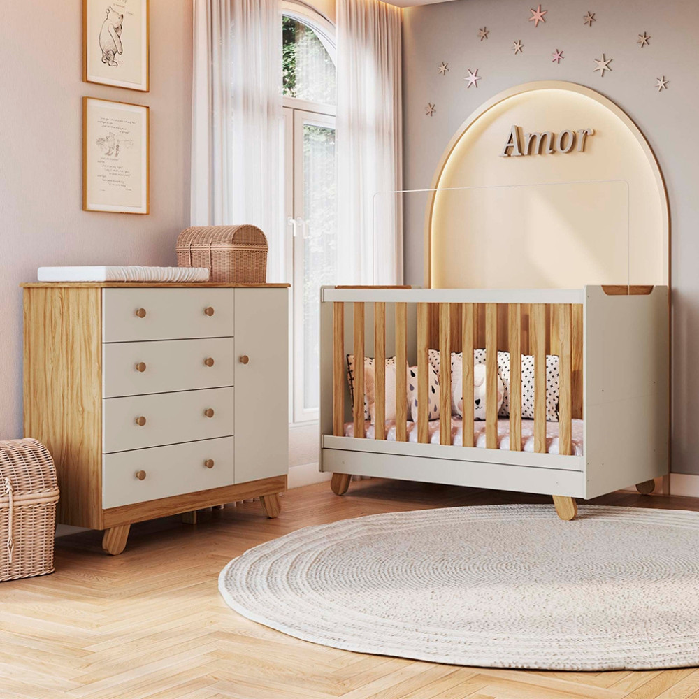 Quarto de Bebê com Cômoda 4 Gavetas e Berço 4em1 Minicama Zuri em MDF Móveis Peroba
