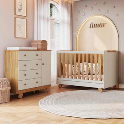 Quarto de Bebê com Cômoda 4 Gavetas e Berço 4em1 Minicama Zuri em MDF Móveis Peroba