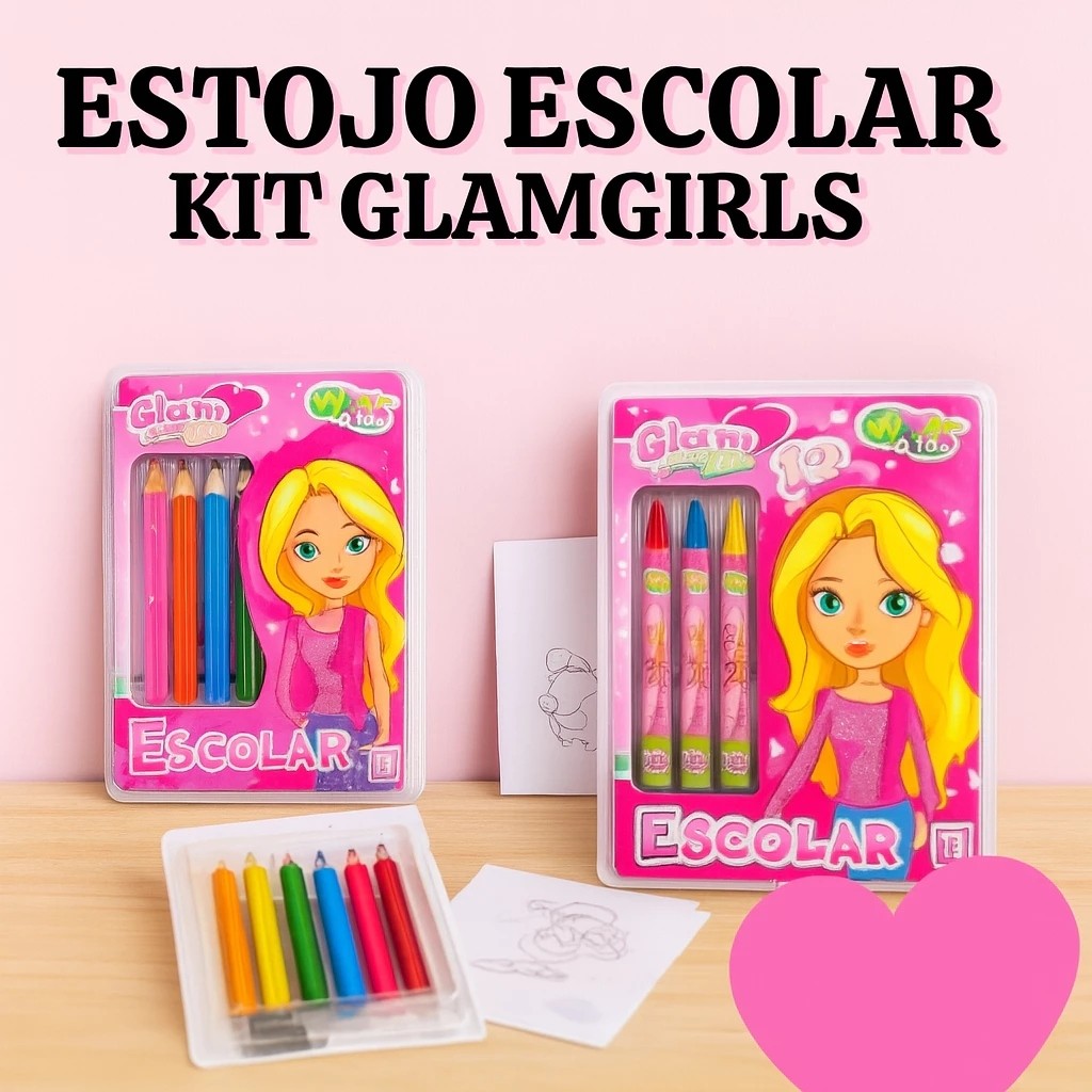 Estojo Escolar Glam Girl 18 Peças Lápis Giz Kit Desenho Pintura Presente Infantil Barbie