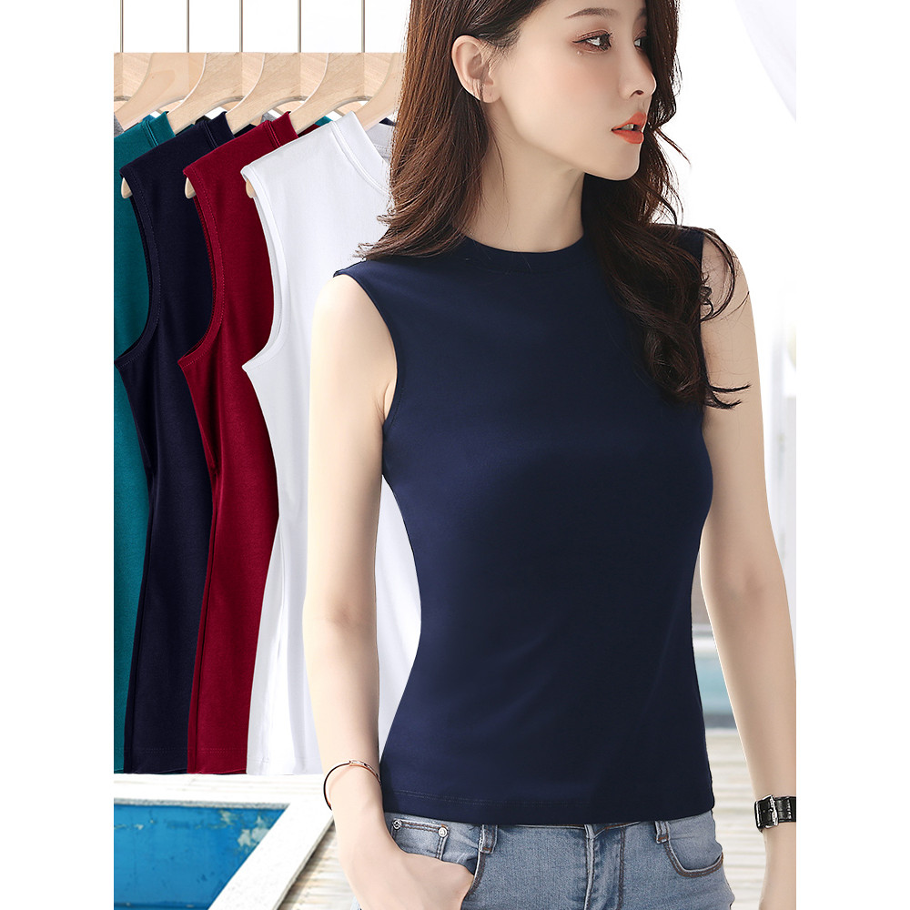 Azul marinho tamanho grande sem mangas camisa de fundo meados do pescoço gola meia gola alta verão feminino pele superio