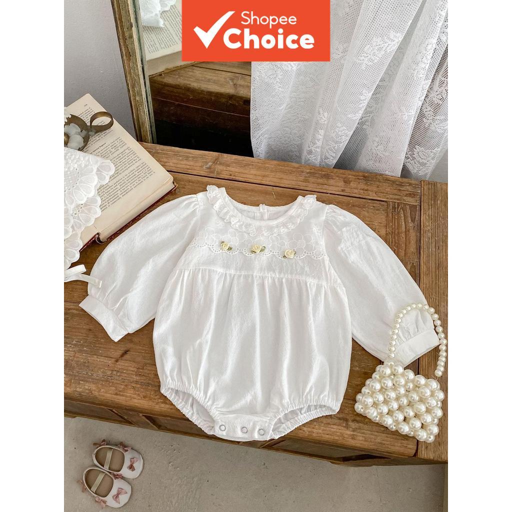 Macacão para Bebê Menina Primavera e Outono, Com Colarinho de Renda e Manga Lanterninha, Roupão Solto em Formato de