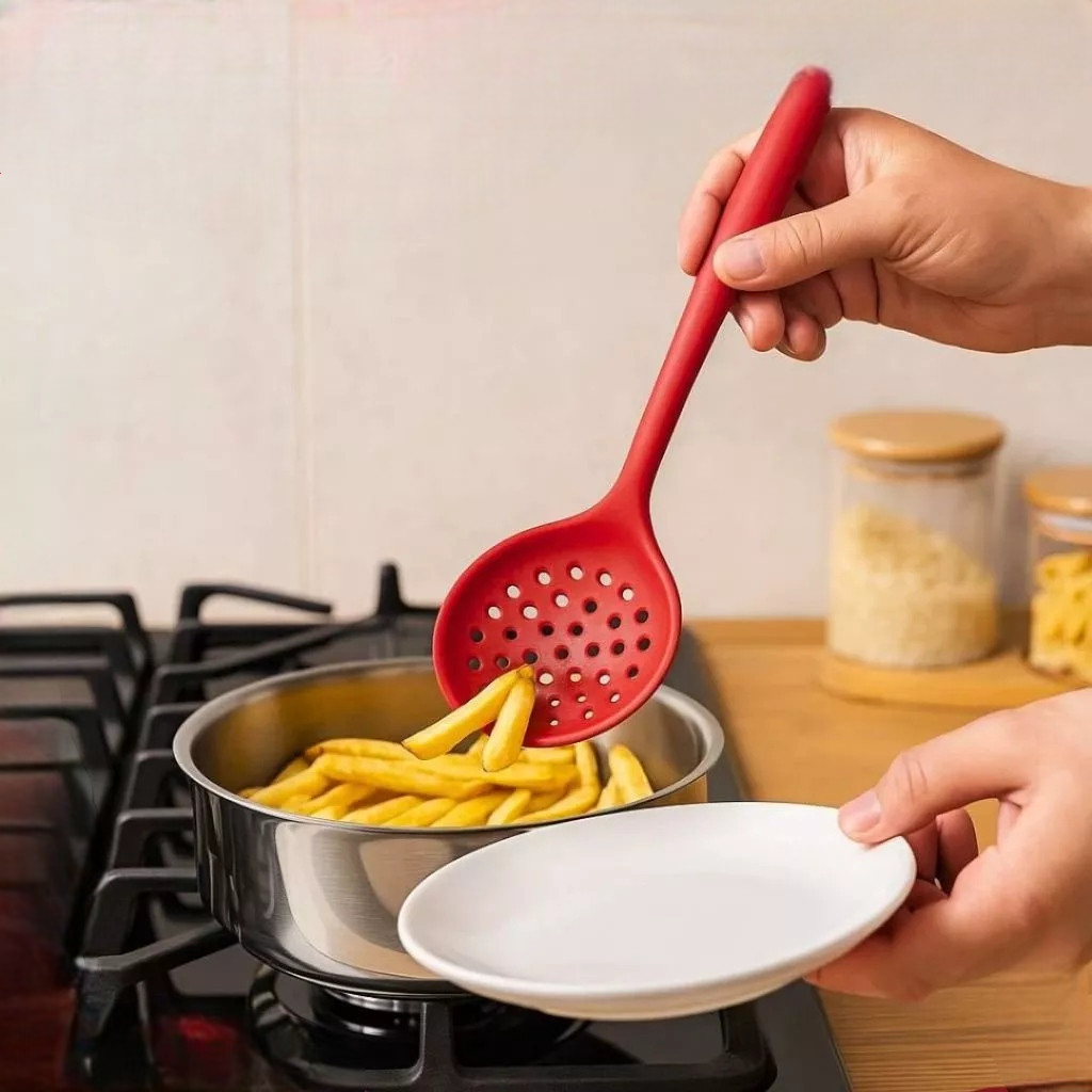 Escumadeira Silicone Vermelha Concha Fritura Escorrer Óleo Batata Pegador Utensílio Cozinha