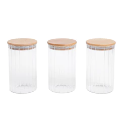 Kit 3 Potes Vidro Canelado com Tampa de Bambu 800ml - Oikos