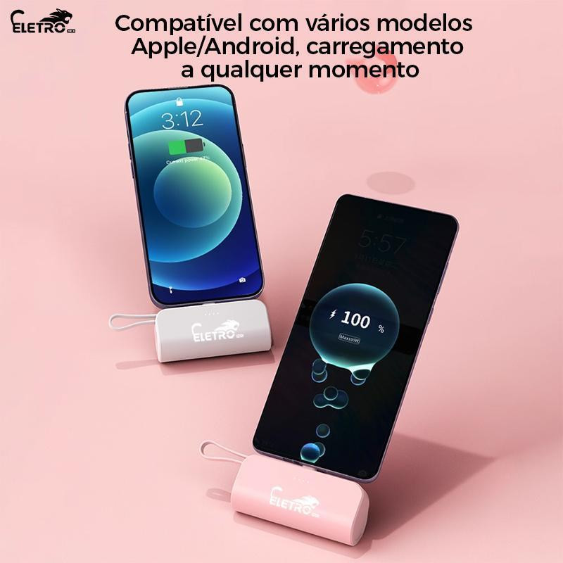 Power Bank Mini Sem Fio 2em1 - 5000mAh, Bateria Portátil para iPhone e Celulares com USB-C