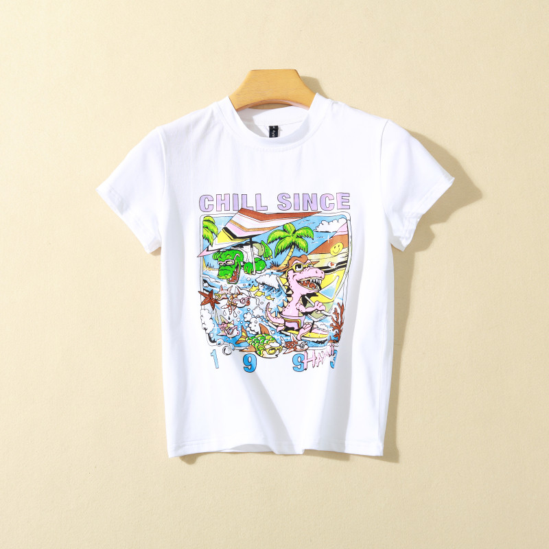 Comércio exterior americano Retro dos desenhos animados impresso de manga curta meados de comprimento camiseta feminina 
