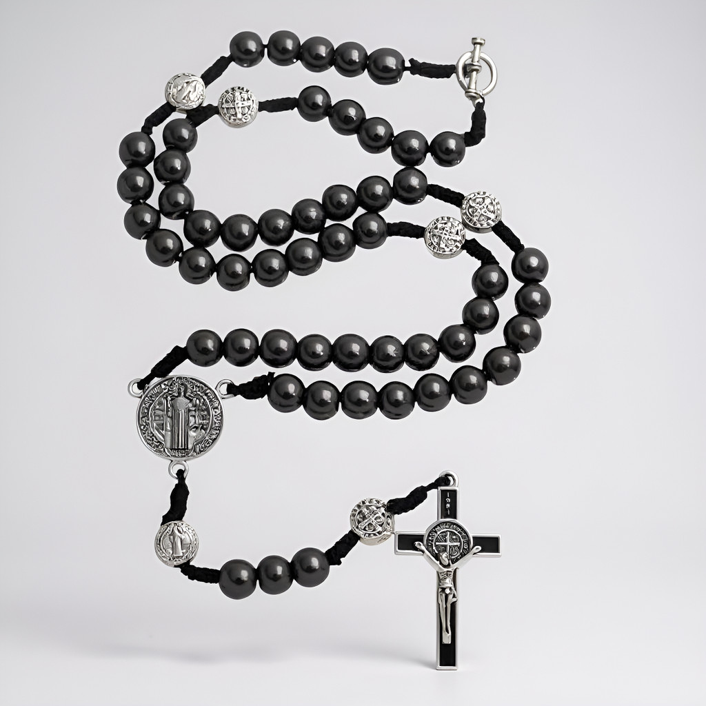 Crucifixo De Pescoço Colar Terço Hematita São Bento Cordão - Terço de Pescoço