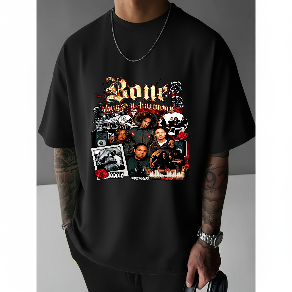 Camiseta Masculina Estampa Bone Thugs N Harmony com Letras e Fotos Moderna Atemporal Estilosa Urbano