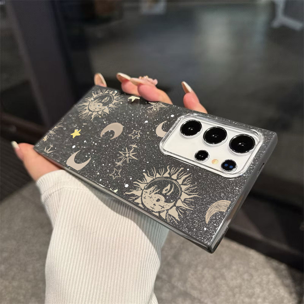 Caso Glitter Para Samsung S26 Ultra S25 S24 Plus S23 FE S22 S21 S20 A17 A07 A06 A15 A16 A56 Sol Lua Deus Luxo Capa Macia